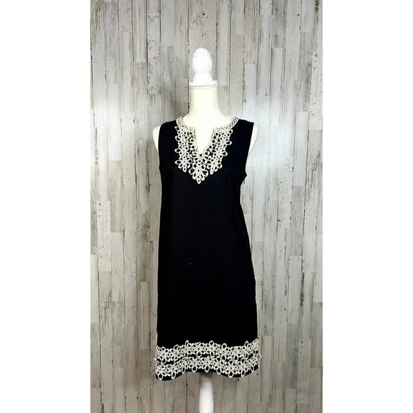 Mudpie Women's‎ Medium Black Shift Dress w/ Gold Lace Trim Sleeveless V-Neck - Picture 3 of 7